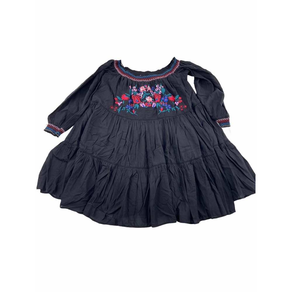 Free People Boho Embroidered Dress size Small Black Colorful tiered off shoulder